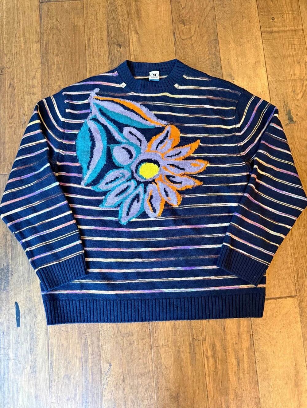 VTG Missoni Intarsia Striped Floral Knit Crewneck Sweater Size M